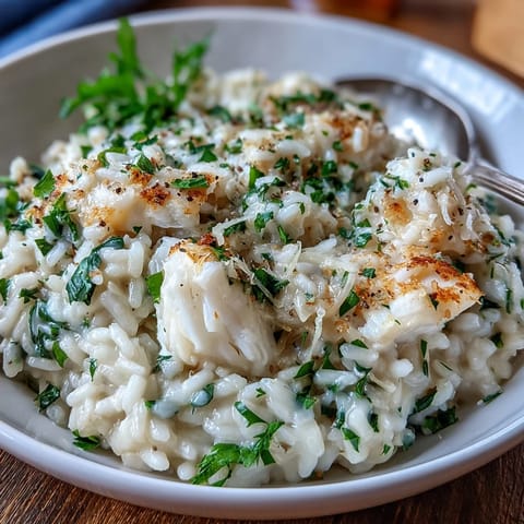 A hearty Smoked Haddock Risotto with tender fish flakes, Arborio rice, and melted Parmesan cheese on a cozy table.