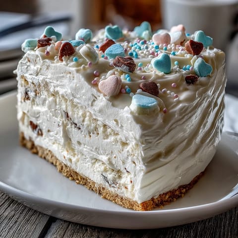 Slice of Candy Hearts Fake Cake served chilled, with silky cream cheese filling and pastel conversation candy decorations.