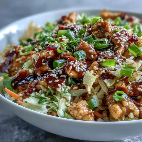 Tender chicken, crisp cabbage, and carrots glazed in soy-sesame fill a white bowl. This Egg Roll Bowls with Chicken and Cabbage is garnished with scallions and sesame seeds.