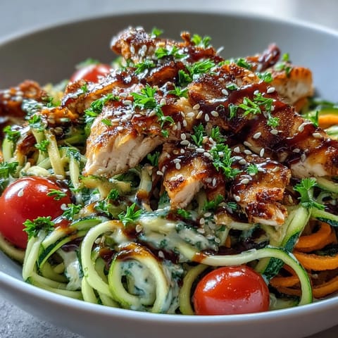 Healthy Spiralized Vegetable Bowl with spiralized zucchini noodles, sweet potato, fresh spinach, and a drizzle of lemony tahini dressing.