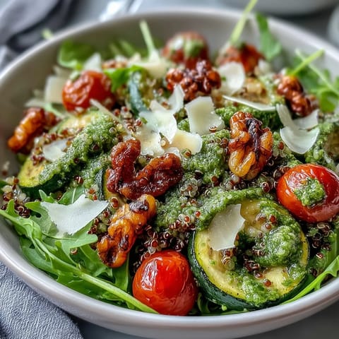 A vibrant Arugula Pesto Bowl topped with shaved Parmesan and toasted pine nuts, served on a bed of greens.
