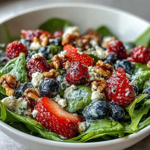 Creamy goat cheese and crunchy pecans top a vibrant spinach and berry salad ready for a light lunch.