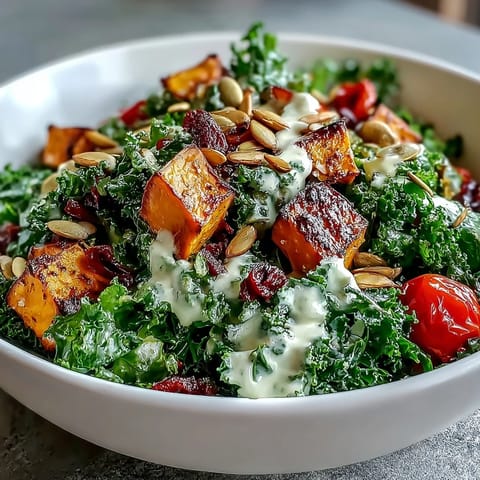 Freshly roasted sweet potato and red bell pepper top the Kale Salad Bowl with creamy tahini dressing in a rustic bowl.
