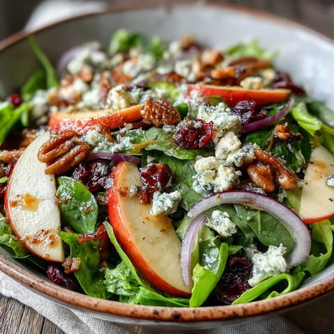Vibrant Mixed Greens and Apple Bowl served in a rustic white bowl with red onions and cranberries.