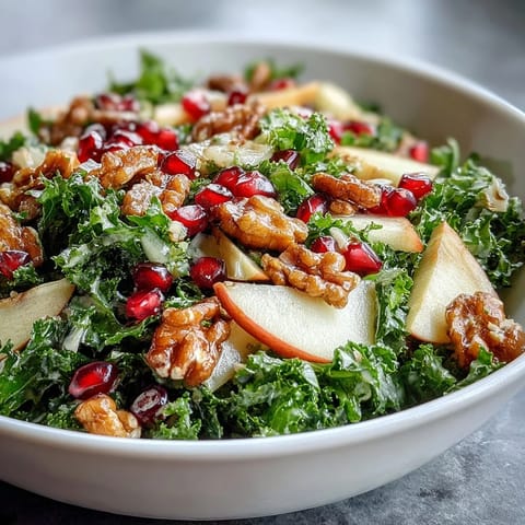 Vibrant Kale and Pomegranate Bowl topped with chopped walnuts and apple slices in a white ceramic bowl.