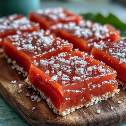 A close-up view of freshly cut guava cheese squares dusted with sugar, highlighting their soft, chewy texture.