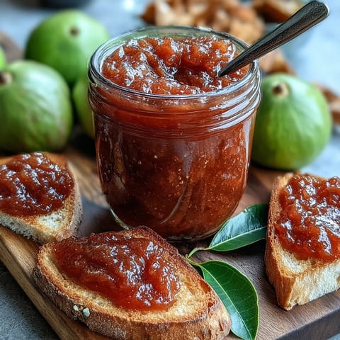 Thick guava preserves simmering in a pot, with vibrant pink pulp and a wooden spoon lifting a glossy dollop.