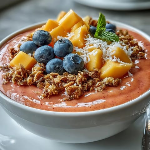 Vibrant Guava and Mango Smoothie Bowl garnished with coconut flakes, mint, and chia seeds for a refreshing tropical breakfast.
