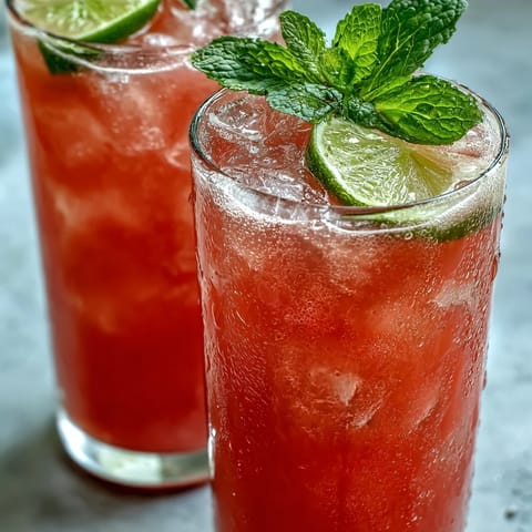 Two tall glasses of Guava Juice With Sparkling Water sit over ice, garnished with fresh mint and lime slices.
