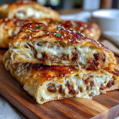 Warm pigs in a blanket wrapped in flaky puff pastry, served with a tangy mustard dip for the perfect game day appetizer.