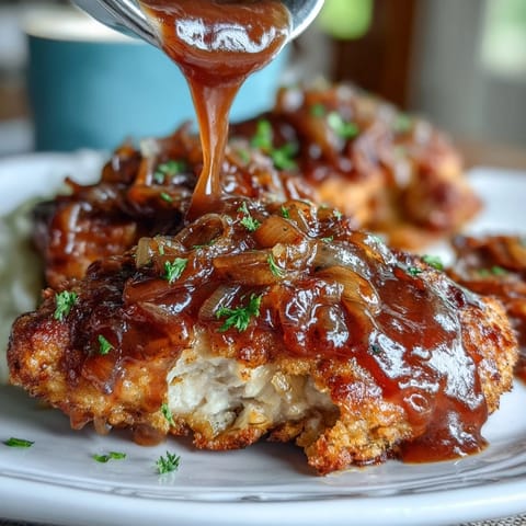 Hearty Southern smothered chicken thighs in rich onion gravy, golden and tender with a savory aroma.