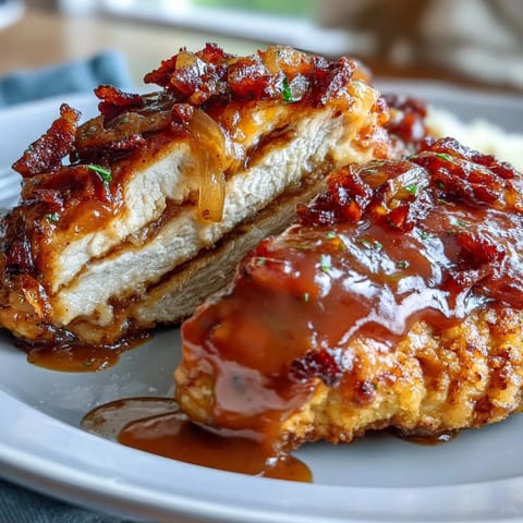 Classic Soul Food smothered chicken with crispy skin, served in a creamy onion gravy with caramelized onions.