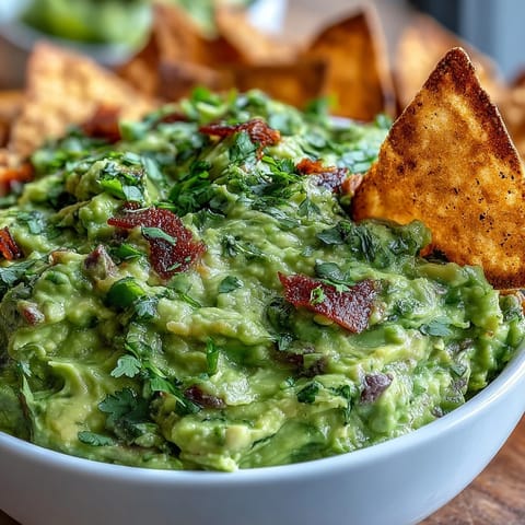 Creamy avocado and edamame guacamole served with crispy, golden pita chips for a fresh, protein-rich snack.  