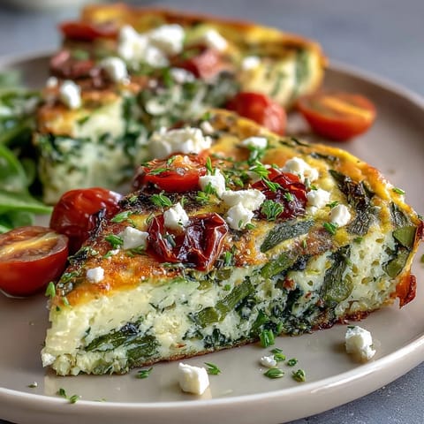 Healthy Easy Spring Veggie Frittata with asparagus, spinach, and feta in a golden baked skillet.