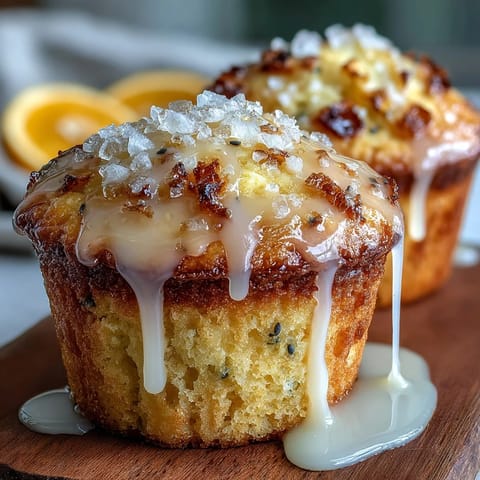 Golden lemon poppy seed muffins with a glossy lemon glaze, bursting with bright citrus flavor and topped with crunchy poppy seeds.
