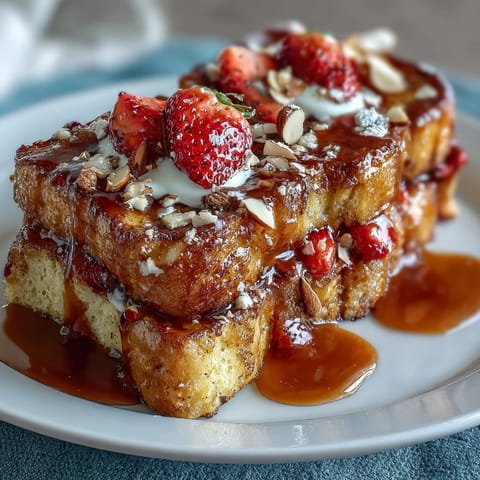 A golden, berry-studded French toast bake with juicy strawberries and crunchy almonds, baked to perfection for a spring brunch.