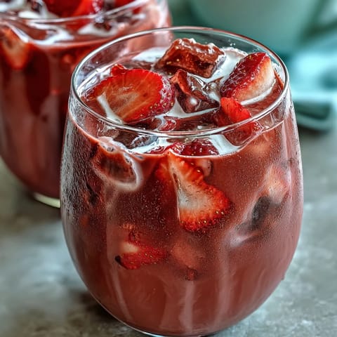 A vibrant pink drink with fresh strawberries and açaí blended with creamy coconut milk for a refreshing summer treat.