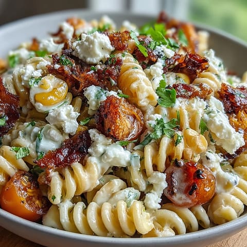 Elote Pasta Salad with Cotija, Chili and Lime: A colorful pasta salad bursting with charred corn, creamy Cotija, and zesty lime dressing.