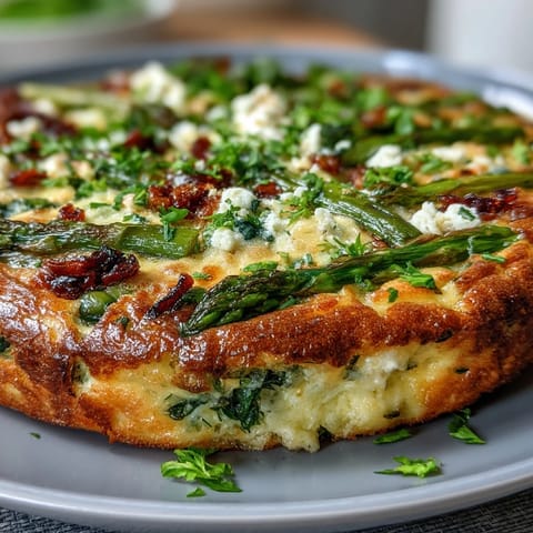 Spring Frittata with Asparagus, Peas and Goat Cheese on a rustic wooden board, golden edges and creamy cheese melting into vibrant green vegetables.