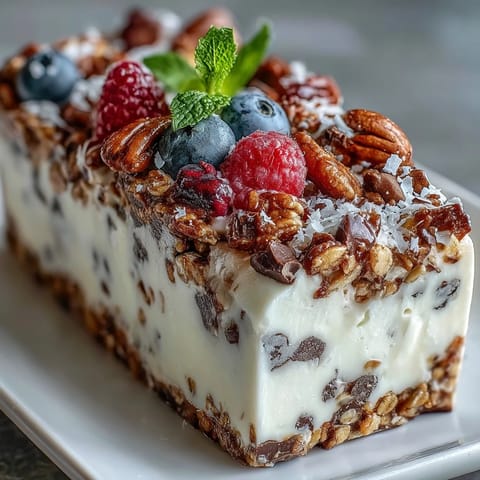 Frozen Yogurt Bark with Berries and Granola: A colorful, healthy frozen treat layered with creamy yogurt, juicy berries, and crunchy granola.