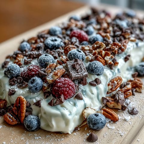 Frozen Yogurt Bark with Berries and Granola: Creamy yogurt base topped with fresh berries, crunchy granola, and optional chocolate chips for a sweet, satisfying snack.