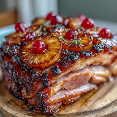 Honey Glazed Ham with Pineapple, golden and glistening with sweet honey glaze, surrounded by juicy pineapple rings and cherries for a festive Easter feast.