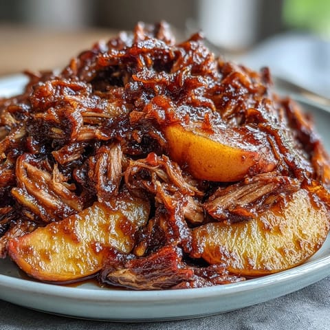 Slow-cooked pulled pork with honey and peaches in tangy BBQ sauce, served on a rustic wooden board.