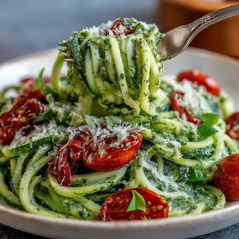 Fresh spiralized zucchini noodles in a fragrant basil pesto sauce, topped with sweet cherry tomatoes for a light summer dinner.