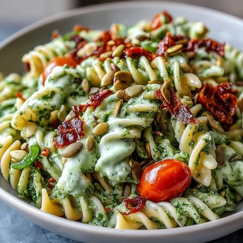 Perfectly blended Green Goddess Pasta Salad, studded with cherry tomatoes and cucumber.