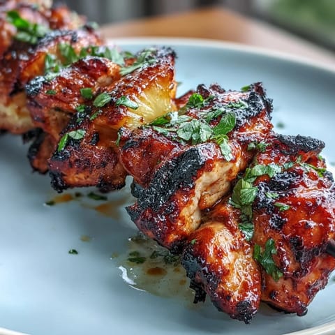 Juicy grilled chicken al pastor skewers with caramelized pineapple, served with fresh cilantro and lime wedges for a vibrant, tropical flavor.  
