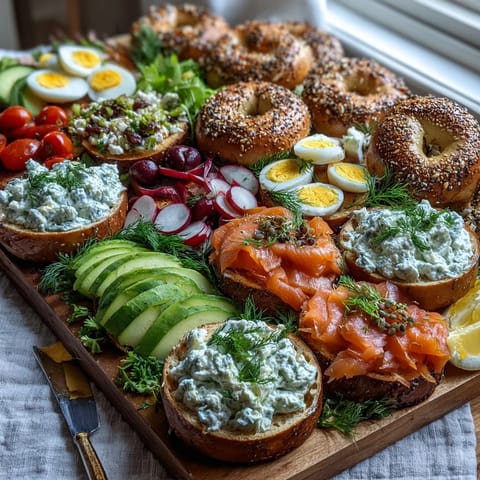 Colorful smoked salmon bagel board featuring creamy spreads, crisp vegetables, and ripe avocado slices for a festive breakfast.  