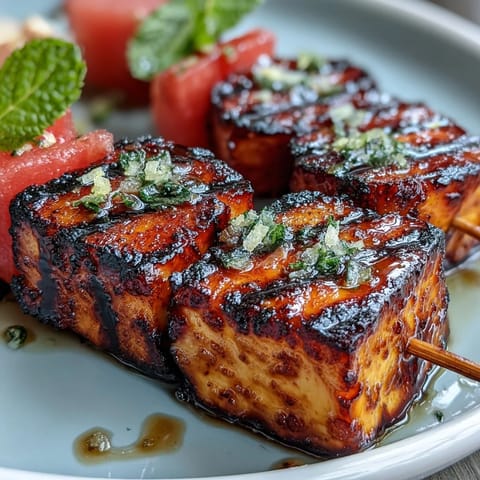 Grilled halloumi skewers with watermelon and mint offer a vibrant, summery appetizer with savory cheese and sweet fruit.