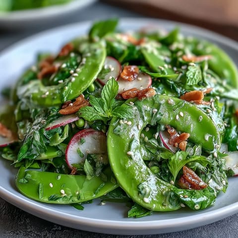 Crisp snap pea and radish salad with fresh herbs and creamy tahini dressing, perfect for a light spring meal.  