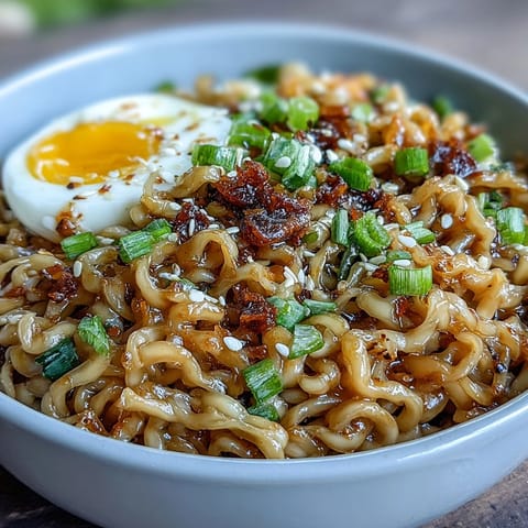 Close-up of glossy garlic butter ramen, garnished with green onions and a soft-boiled egg.