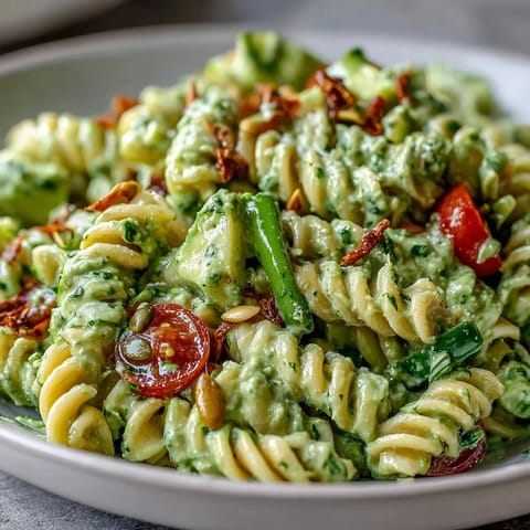 Vibrant Green Goddess Pasta Salad with creamy avocado dressing, bursting with fresh vegetables.