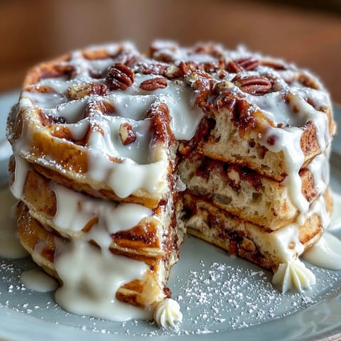 Golden Cinnamon Roll Waffles topped with creamy vanilla icing, ready to enjoy.