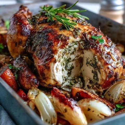 Golden Herb Butter Roast Chicken, succulent and juicy with crispy skin.