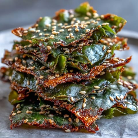 Golden seaweed snack chips lightly seasoned, perfect for a crunchy, healthy treat.