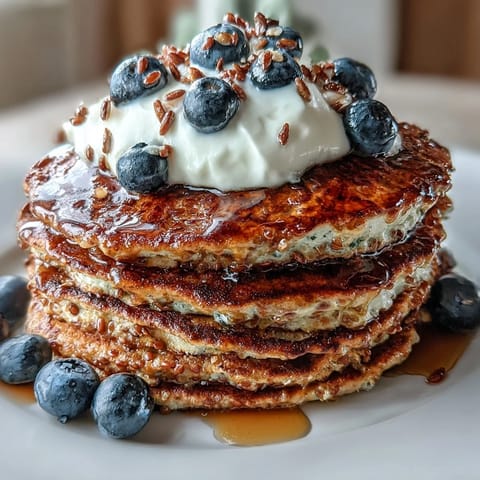 Golden brown, fluffy high fiber protein pancakes stacked high, ready for toppings.