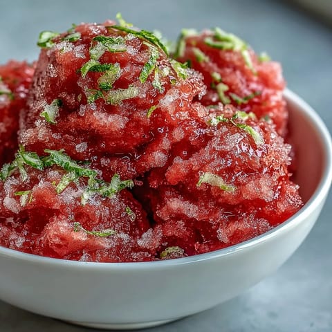 Vibrant watermelon sorbet (3 ingredients) glistening, served in a bowl on a sunny day.