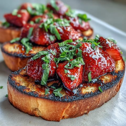 Strawberry Balsamic Bruschetta: vibrant sweet berries on grilled sourdough delight.