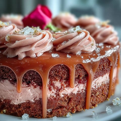 Stunning pink Bridal Shower Rosé Velvet Cake glistening with edible gold drip.