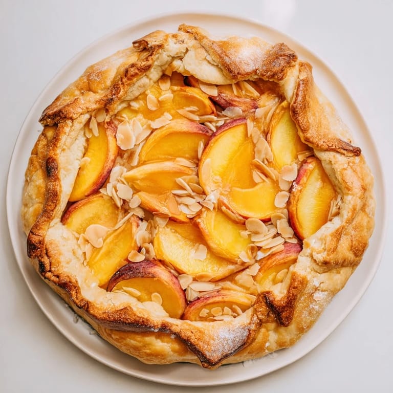 Buttery slices of the Rustic Peach and Almond Tart, baked until the fruit is caramelized and bubbling.