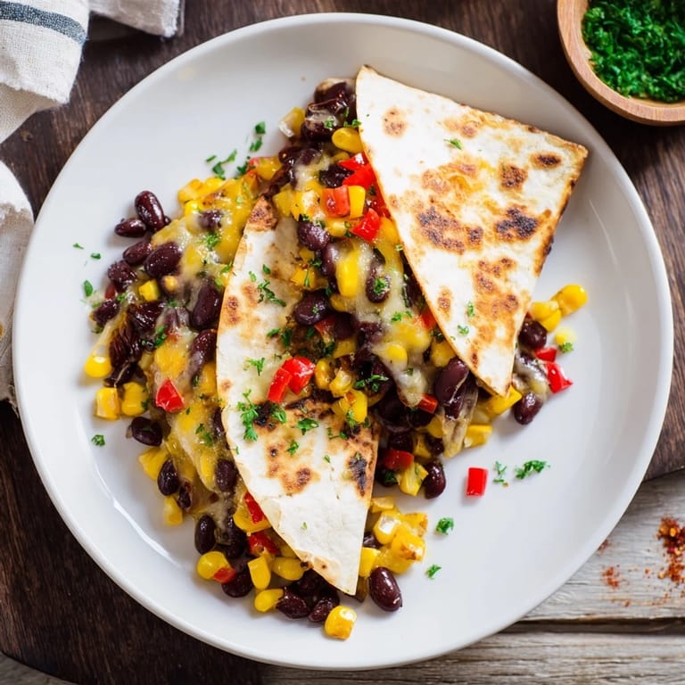 Golden-brown Quick Black Bean and Corn Quesadillas, folded and filled with savory corn and beans.