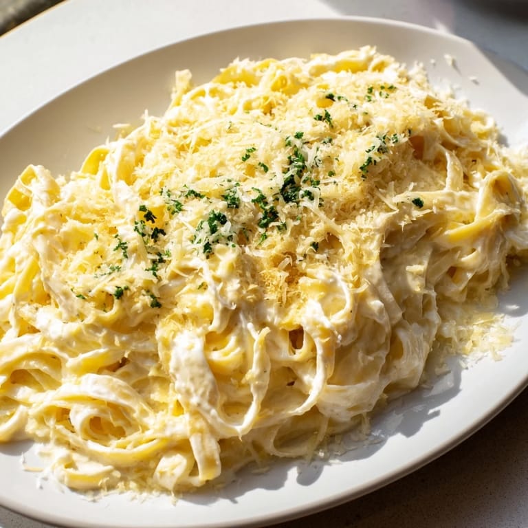 Golden, glistening, creamy Alfredo pasta in a skillet, seasoned with fresh parsley and cheese.