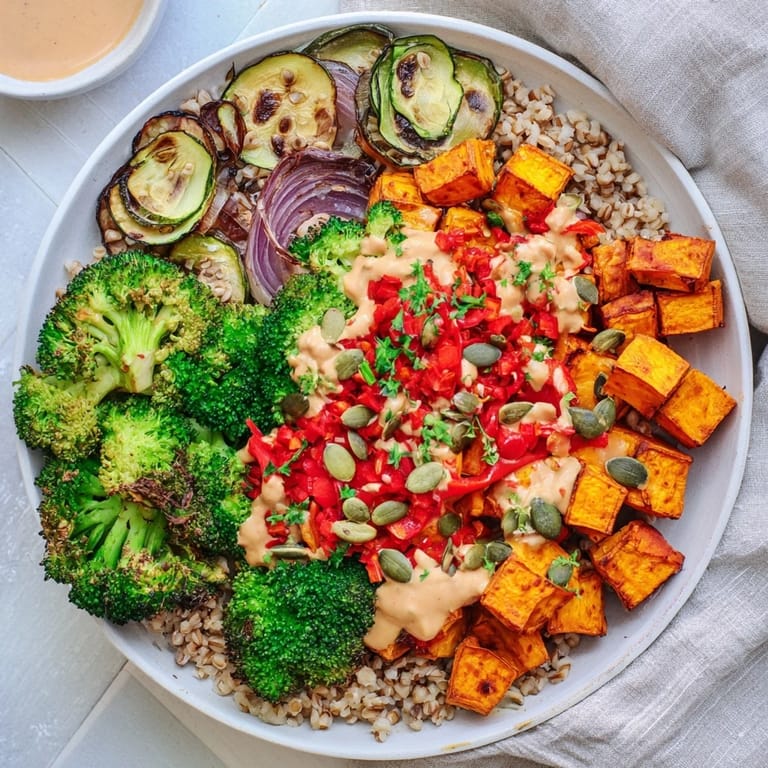 Enjoy a healthy serving of this colorful Hearty Roasted Vegetable and Farro Grain Bowl, brimming with fresh ingredients.