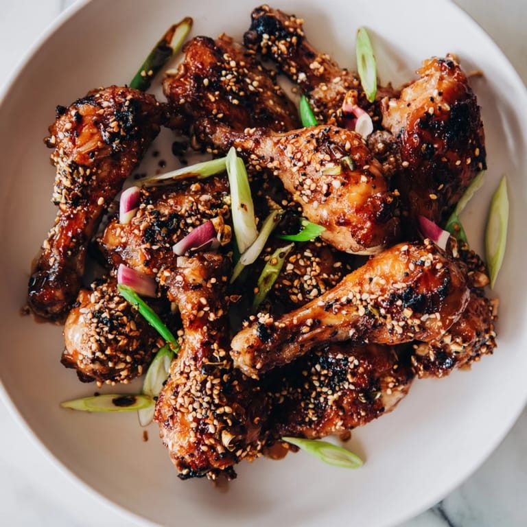 Appetizing close-up of Crispy Honey-Chili Glazed Chicken Wings, coated in a sticky chili sauce, with sesame seeds.