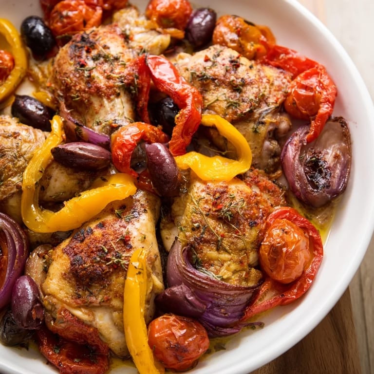 Juicy Easy Sheet Pan Greek Chicken with bell peppers, tomatoes, and olives, topped with feta.