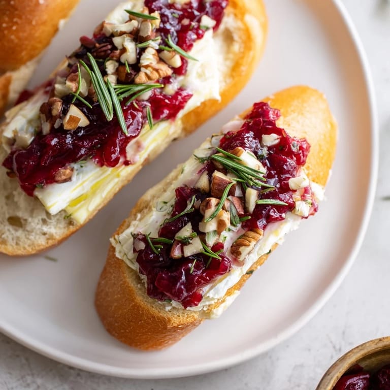 Warm, melted Brie and sweet cranberry atop crispy baguette: a delicious, Festive Holiday Cranberry and Brie Crostini ready to eat.