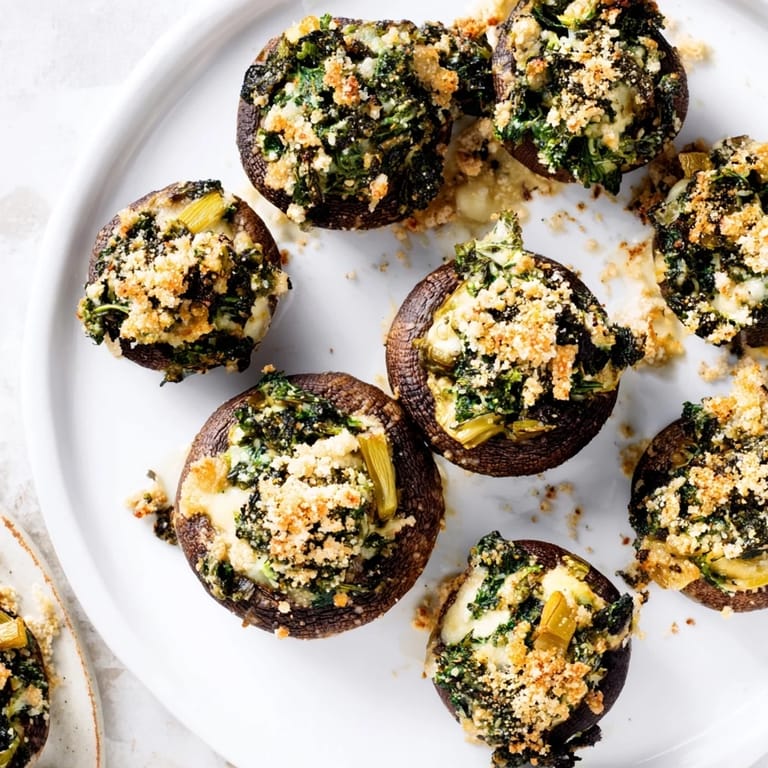 Close-up of freshly baked Creamy Spinach and Artichoke Stuffed Mushrooms, offering a delightful cheesy bite.